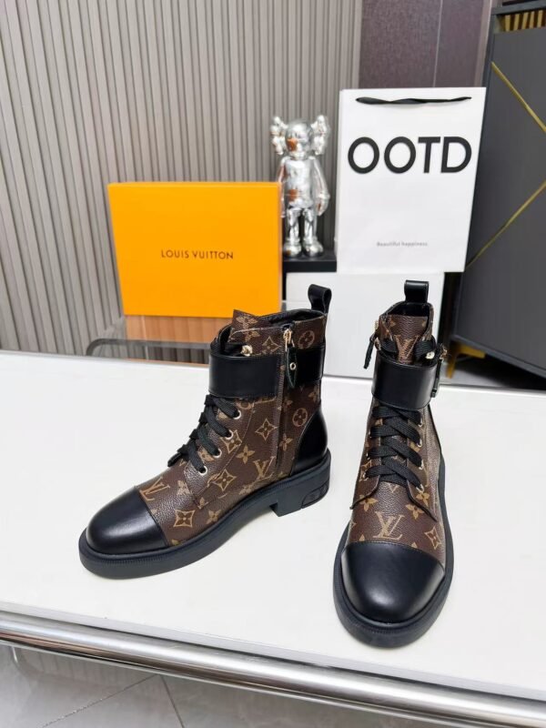 Vintage Monogram Print Leather Ankle Boots – Retro Military Style Combat Boots with Adjustable Gold Accent Belt
