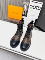 Vintage Monogram Print Leather Ankle Boots – Retro Military Style Combat Boots with Adjustable Gold Accent Belt