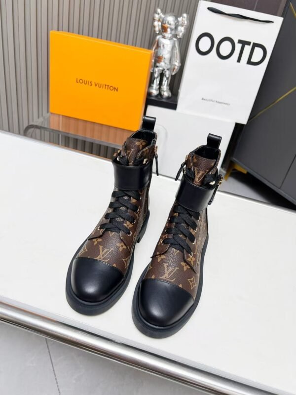 Vintage Monogram Print Leather Ankle Boots – Retro Military Style Combat Boots with Adjustable Gold Accent Belt