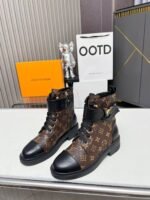 Vintage Monogram Print Leather Ankle Boots – Retro Military Style Combat Boots with Adjustable Gold Accent Belt