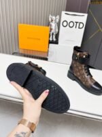 Vintage Monogram Print Leather Ankle Boots – Retro Military Style Combat Boots with Adjustable Gold Accent Belt