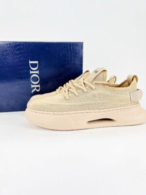 Men’s Breathable Knit Casual Sneakers – Lightweight Thick Sole Chunky Walking Shoes in Sand Beige