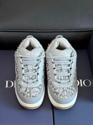 Men's Tweed Chunky Skate Shoes Low-Top Grey Woven Platform Sneakers