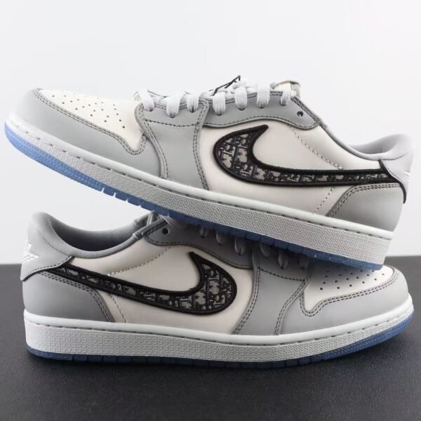 Vintage Grey & White Leather Low-Top Trainers with Designer Monogram Panel