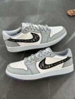 Vintage Grey & White Leather Low-Top Trainers with Designer Monogram Panel