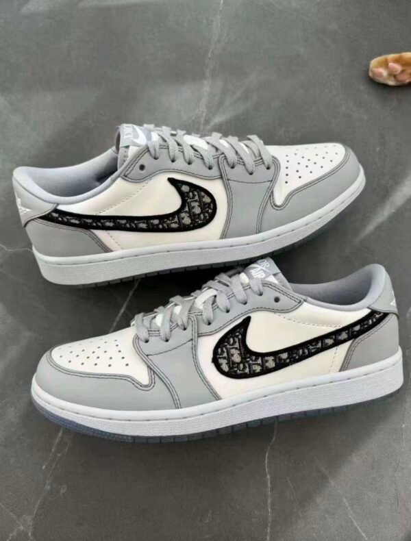 Vintage Grey & White Leather Low-Top Trainers with Designer Monogram Panel