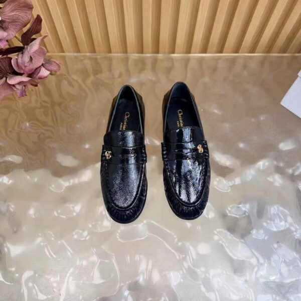 Women's Patent Leather Loafers - Genuine Leather Flat Shoes with Sheepskin Lining & Metal Buckle