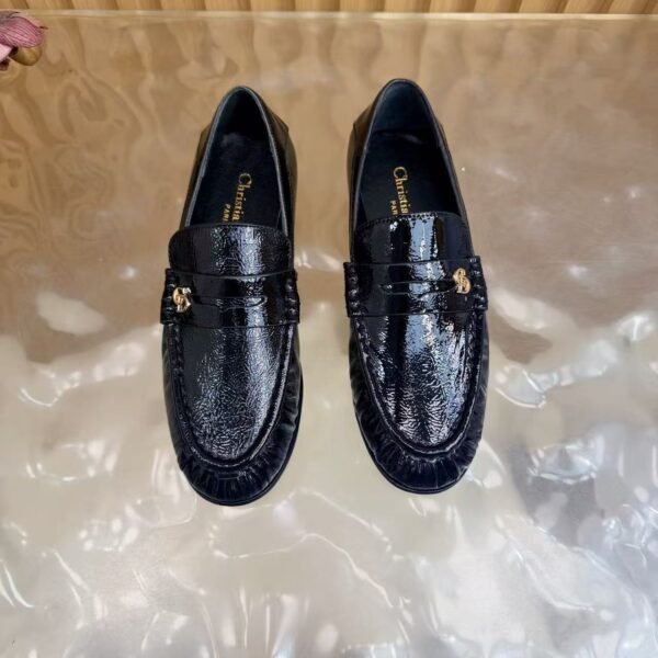 Women's Patent Leather Loafers - Genuine Leather Flat Shoes with Sheepskin Lining & Metal Buckle