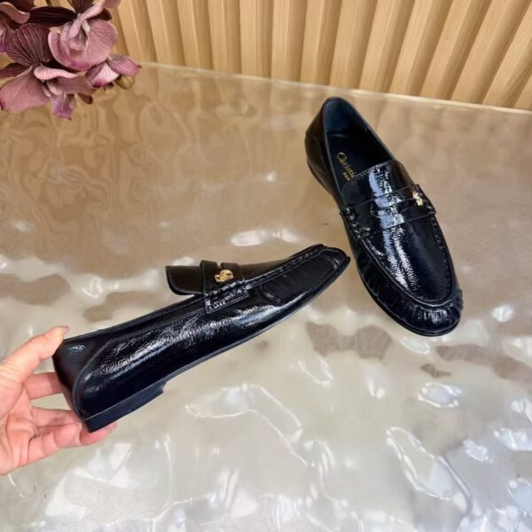 Women's Patent Leather Loafers - Genuine Leather Flat Shoes with Sheepskin Lining & Metal Buckle