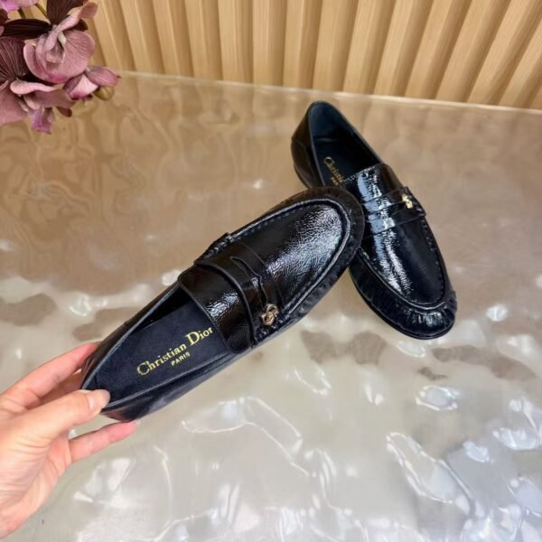 Women's Patent Leather Loafers - Genuine Leather Flat Shoes with Sheepskin Lining & Metal Buckle